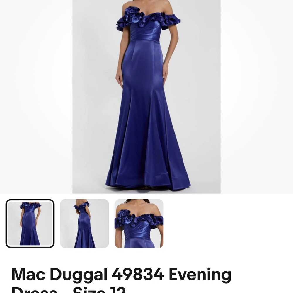 Mac Duggal Royal Blue Off-Shoulder Ruffled Satin Mermaid Gown NWT 12